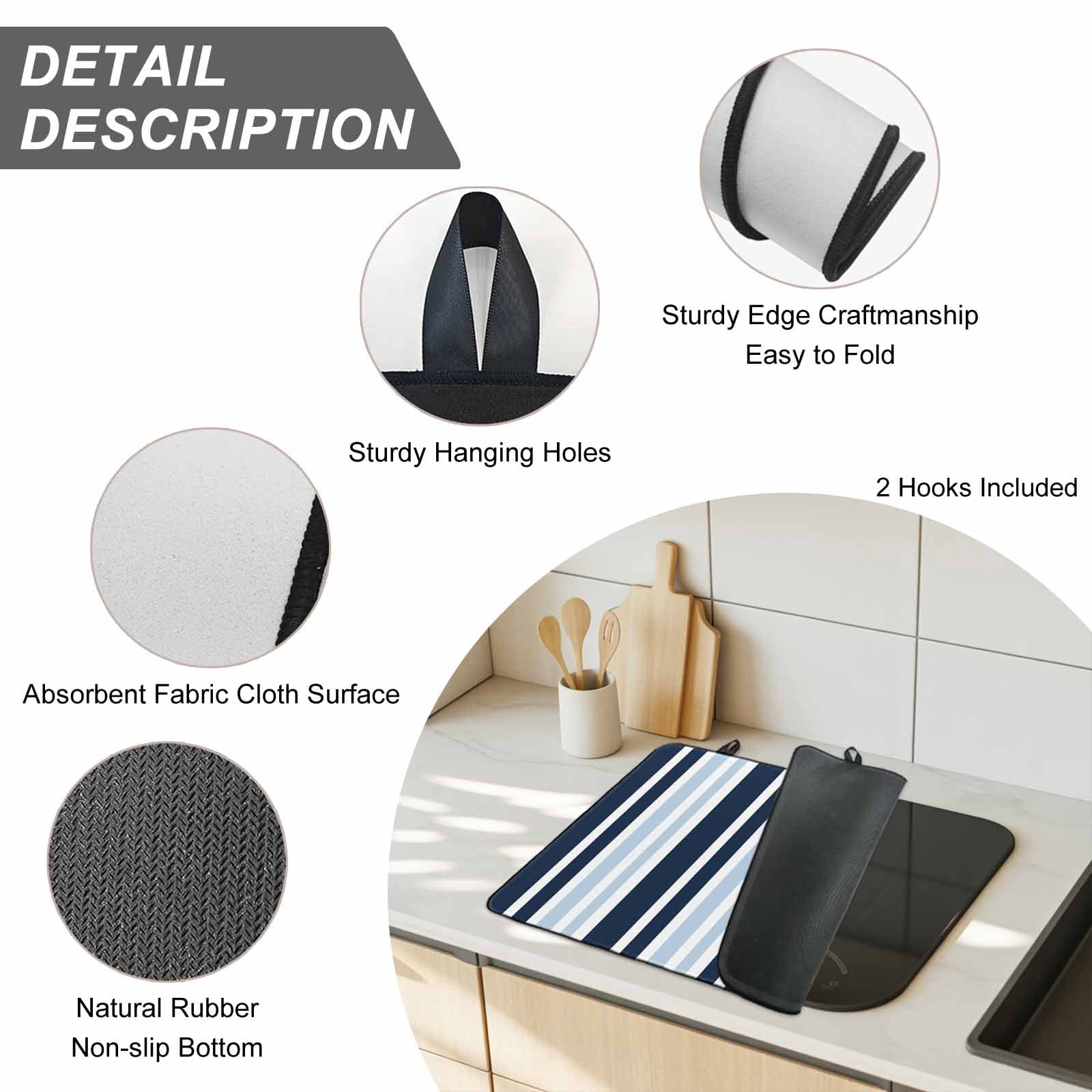 Navy Blue Stove Top Cover for Electric Stove, Heat-proof & Non Slip Glass Top Stove Cover Protector, Modern White Geometric Vertical Stripes Kitchen Flat Cooktop Rubber Mat 24x21 Inches