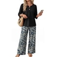 thumbnail image 3 of Bold Monochrome Floral Print Two Piece Set for Women, 3/4 Sleeve Button Down Top & Wide Leg Pants - Casual Lounge Outfit with Geometric Hem Trousers Zebra XL, 3 of 7