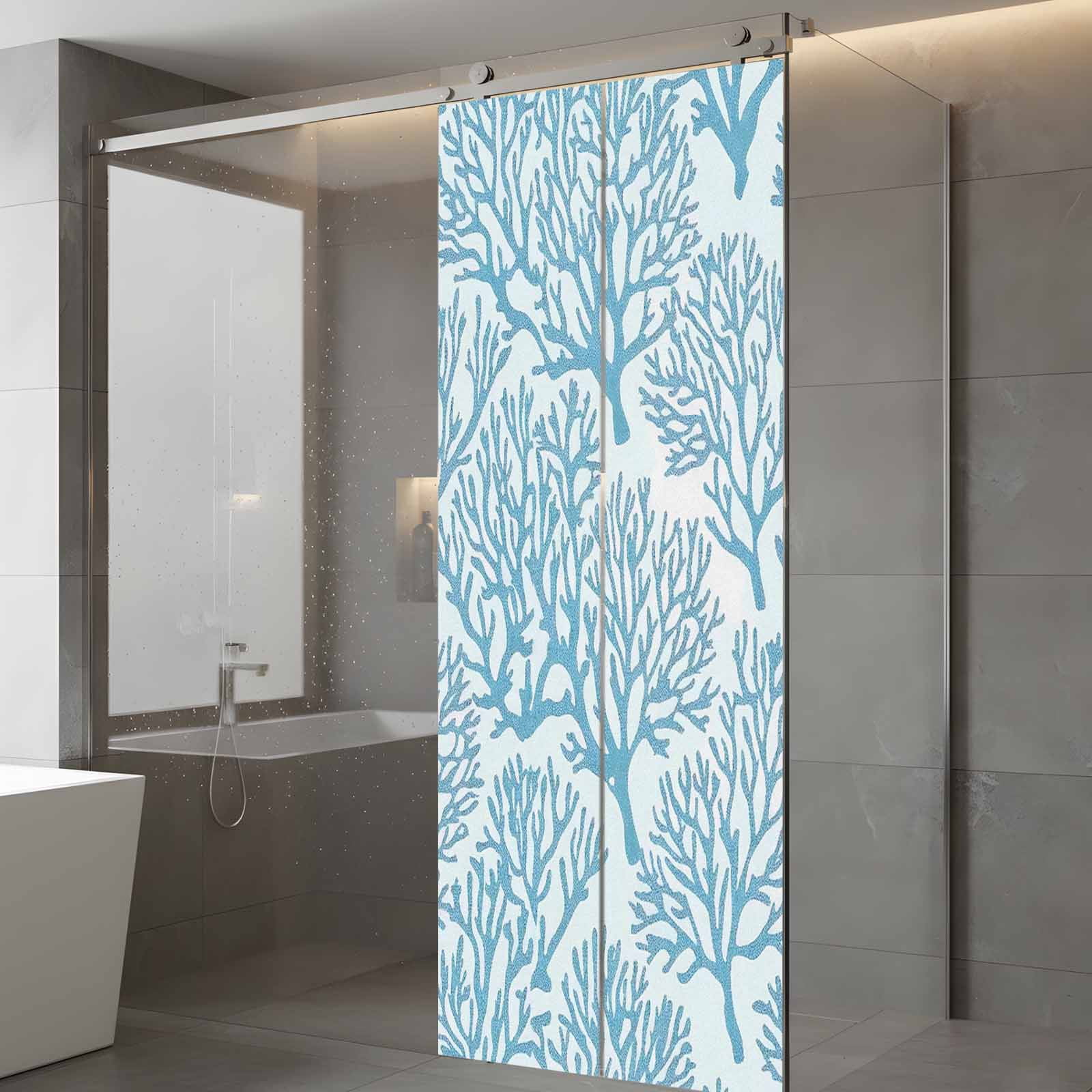 Watercolor Coral Window Privacy Film, Light Blue Coastal Frosted Glass Window Clings Static Cling UV Heat Blocking Reusable Door Sticker for Bathroom 23.6 x 59 Inch