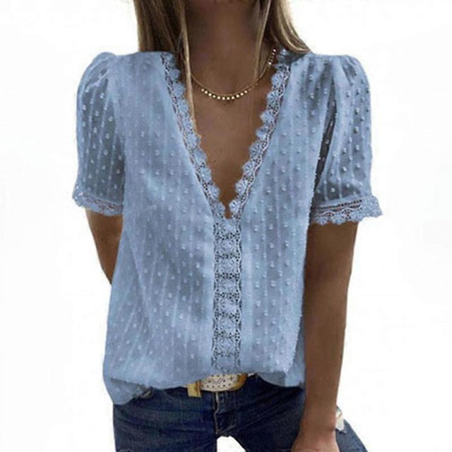 Embroidered Lace Short Sleeves for Women Casual V Neck T-Shirt Loose Summer Top