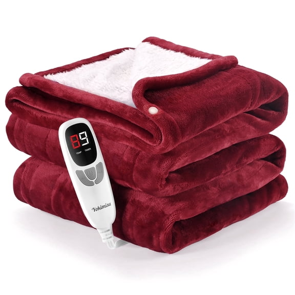 Ocuuziisu Electric Heated Blanket Throw Blanket 50" x 60" Flannel and Sherpa Electric Blanket with Buttons, 9 Heating Levels, Auto-off, Machine Washable, Red