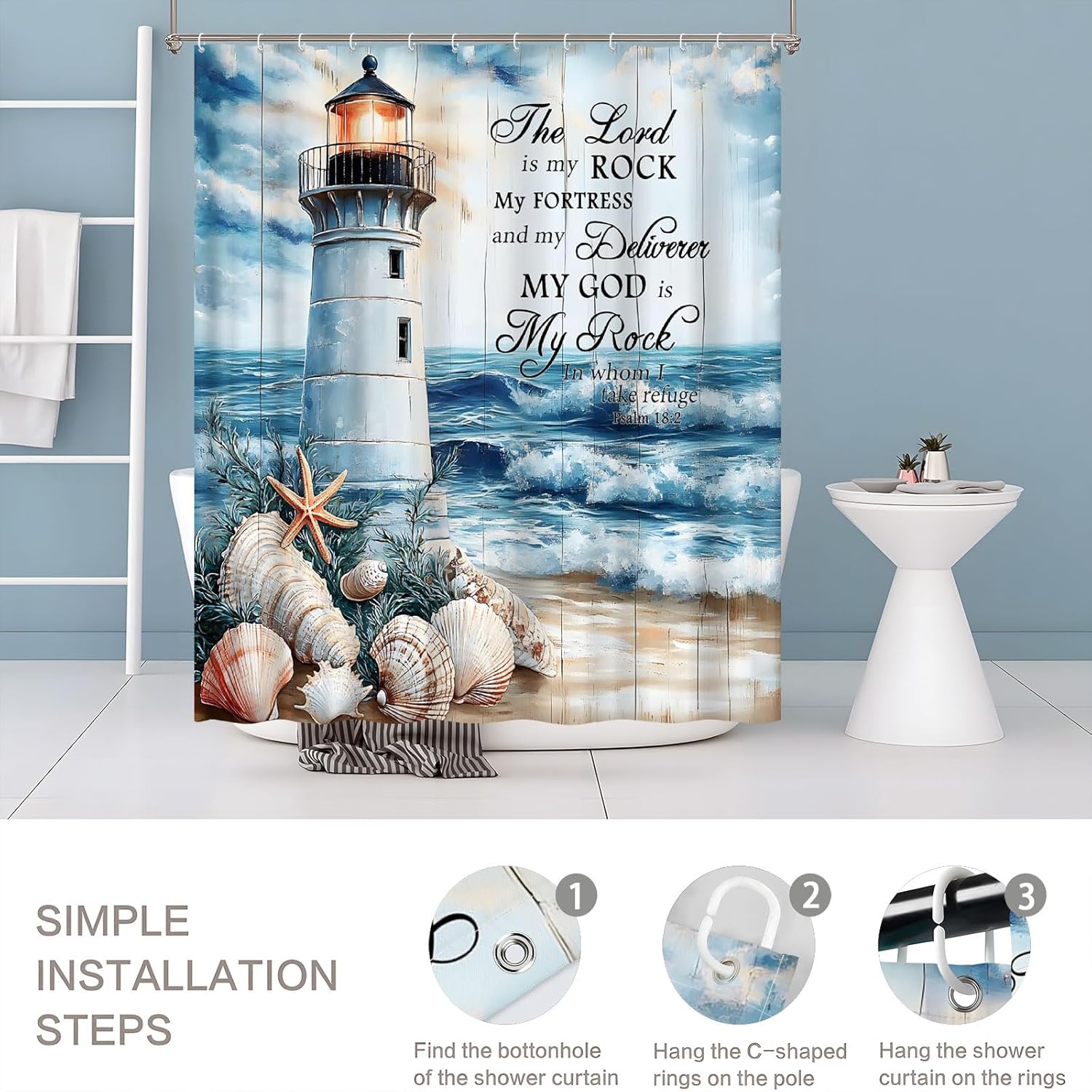 Nautical Lighthouse Shower Curtain Beach Coastal Summer Ocean Sea Wave Starfish Seashell Bible Verse Vintage Tropical Seascape Fabric Bathroom Decor Curtain Sets with Hooks (72" Wx72H)