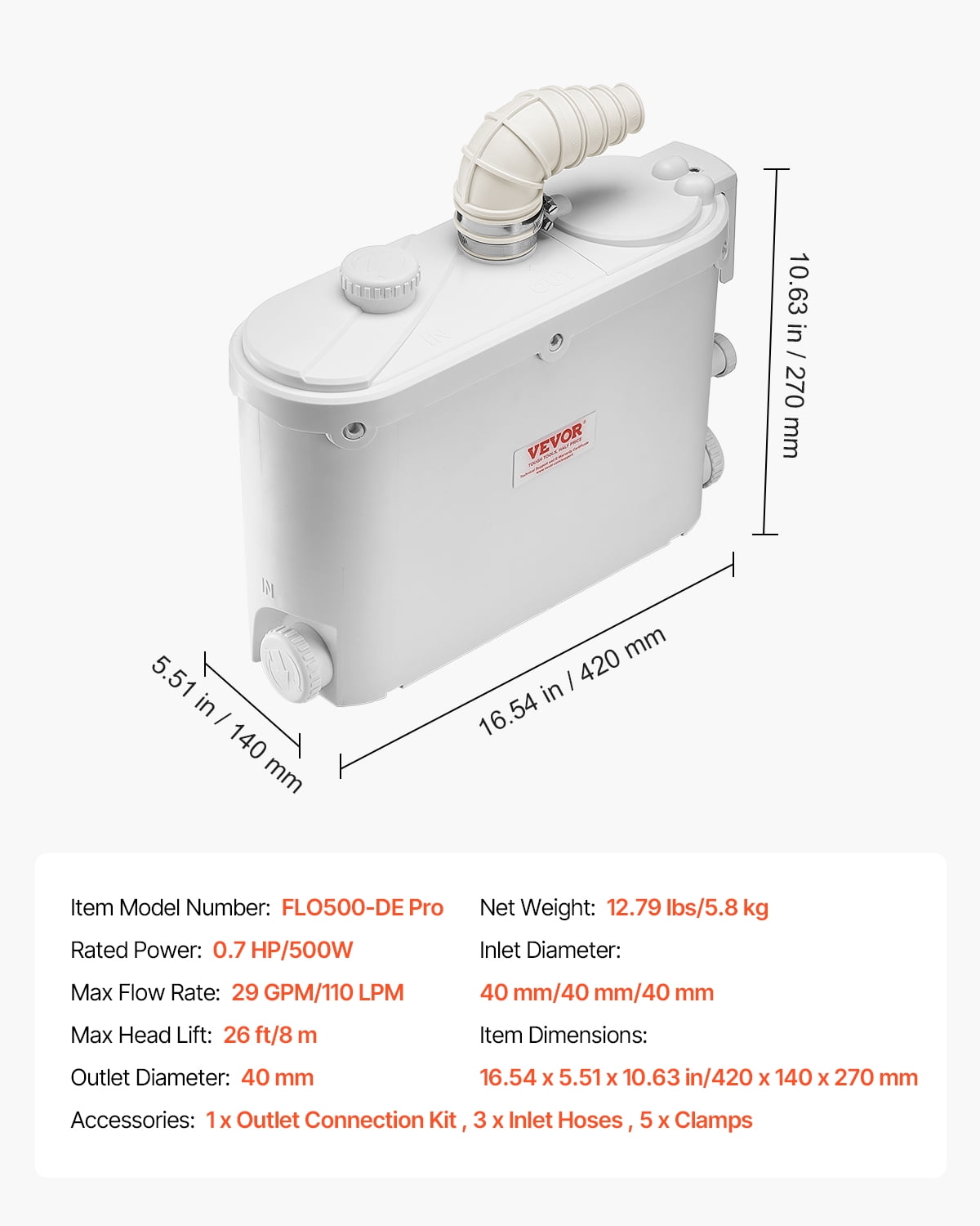 VEVOR Macerator Pump, 500W, 29 GPM Flow, 26 ft/8 m Head, Macerator Sewerage Toilet Pump with 4 Water Inlets, Waste Water Disposal Upflush Machine for Kitchen,Basement, Shower, Sink, Laundry,Bathtub