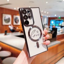 [Bling Camera Bracket Design]Magnetic for Samsung Galaxy S24 Case, [Electroplated Bumper Non-Yellowing][Wireless Charging]Slim Clear Love Pattern Case for Women Men Girls,Black