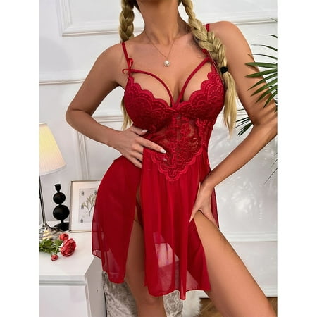 

ALSLIAO Womens Sexy Lace Dress Low Cup Sheer Sleepwear Bodydoll See-Through Lingerie Red M