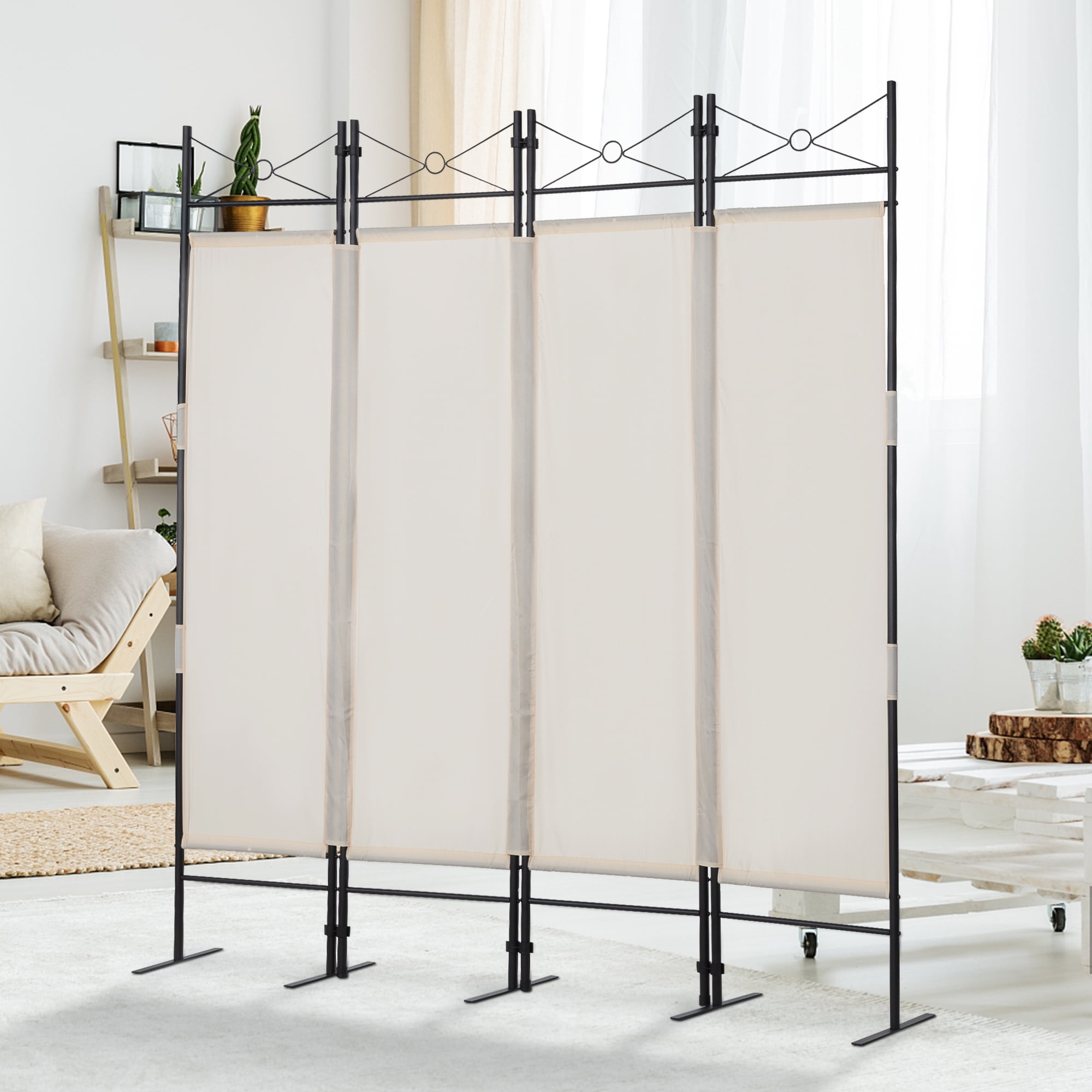 Kadyn 4 Panel Partition Room Separators Black, Folding Indoor Divider for Home, Office Room Divider for Living Room, Beige