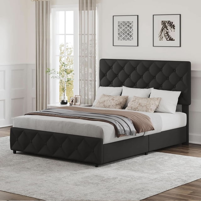 Ourlova Full Size Bed Frame with 4 Storage Drawers and Adjustable Headboard Linen Upholstered Platform Bed Frame Diamond Stitched Button Tufted No Box Spring Needed Black
