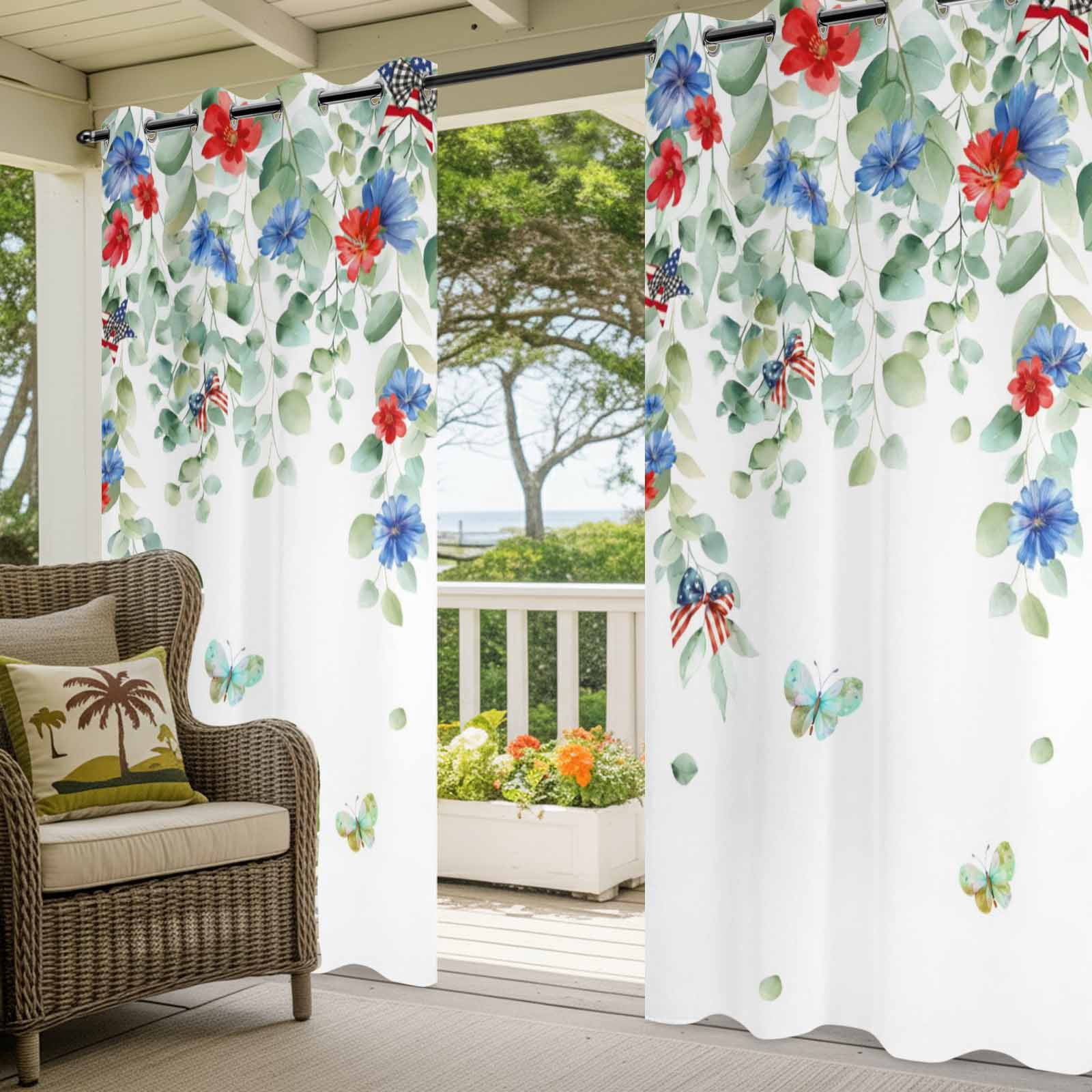 Independence Day Outdoor Curtains for Patio, Watercolor Red Blue Floral Leaf Sunshade Privacy Drapes Grommet Waterproof Outside Curtains for Porch/Cabana/Balcony 54"x 108", 1 Panel