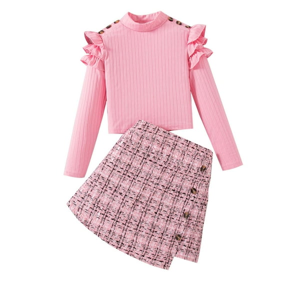 Kucnuzki 9 Years Big Girls Outfits 10 Years Tween Girl Skirt Set Ruffle Long Sleeves Knitted Top Plaid Tweed Skirt Fall Winter Clothes Pink