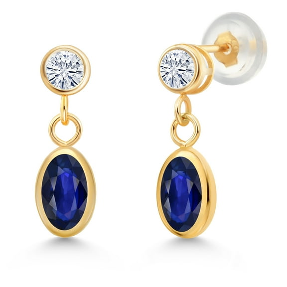 Gem Stone King 14K Yellow Gold Blue Sapphire and White Moissanite Dangle Earrings for Women (1.30 Cttw, Gemstone September Birthstone, Oval 6X4MM)