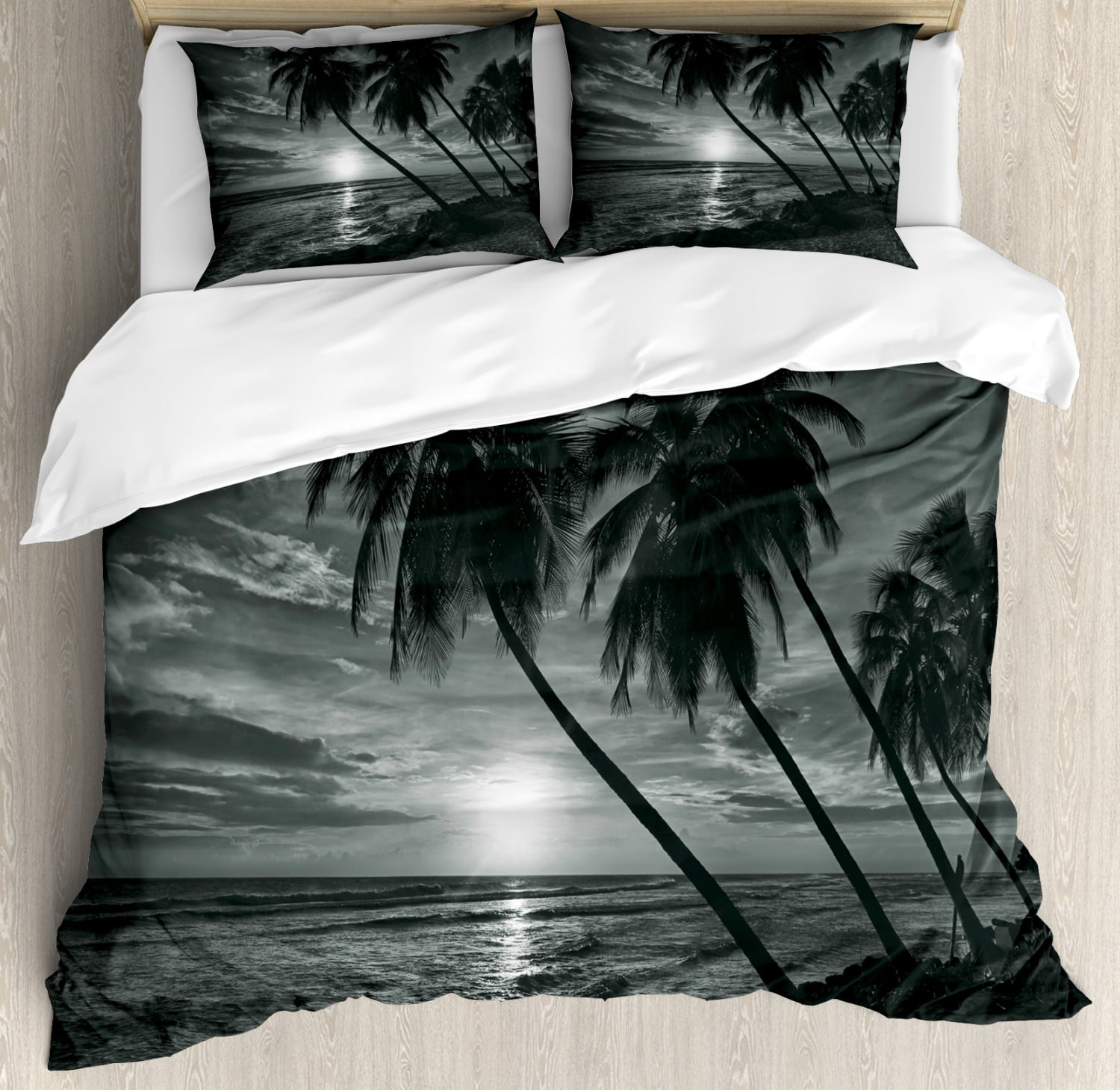Ambesonne Tropical Duvet Cover Set, Coconut Palm Trees on Beach Bend by The Wind Horizon Over The Sea Picture, Decorative 3 Piece Bedding Set with 2