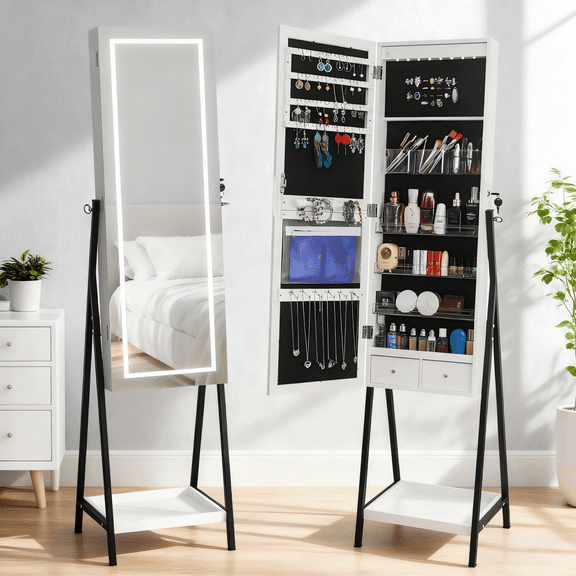 Ktaxon Freestanding Jewelry Cabinet, LEDs Lockable Jewelry Armoire Stand Organizer w/Bottom Shelf and Full-Length Floor Mirror, Black