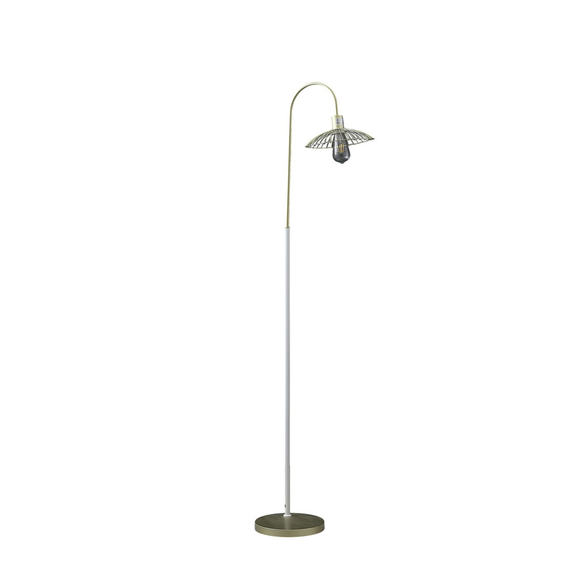 Noble House 64.25" Industrial Cage Floor Lamp, Satin Shade, White Pole, E26 Light Bulb, Matte Gold and White