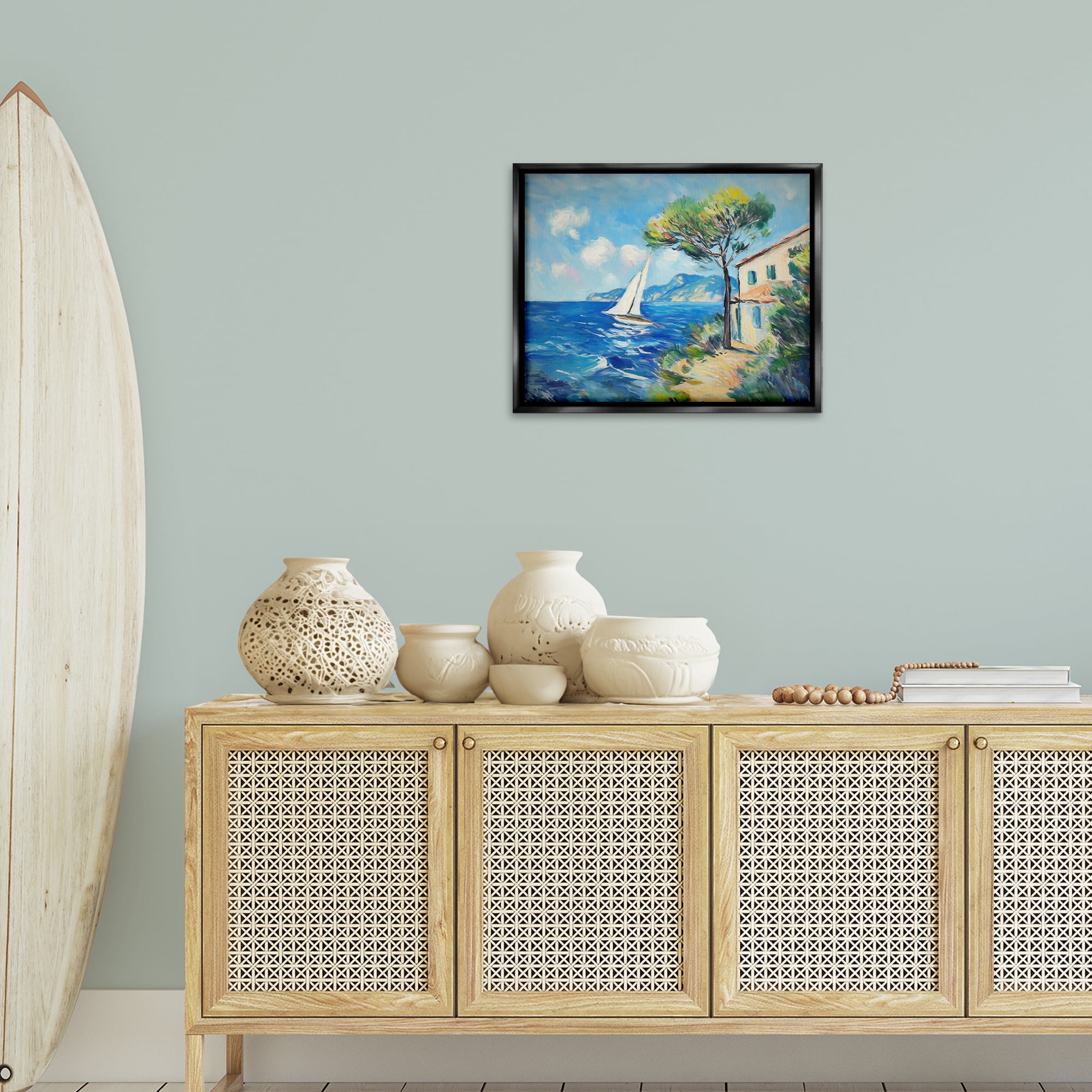 Stupell Industries Sailboat & Beach Villa Coastal Painting Black Floater Framed Canvas Art Print Wall Art, 21 x 17