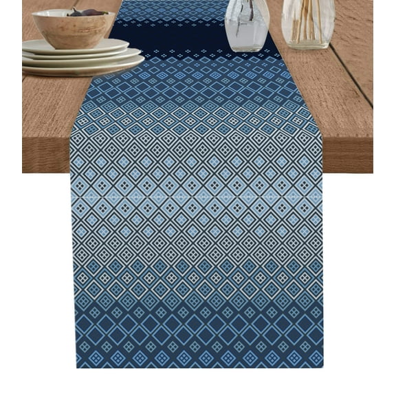 Table Runner Dresser Scarves 90 Inch Long, Geometric Art Diamond Lattice Rhombus Linen Dining Table Runners Modern Blue Ombre Gradient Tabletop Scarf for Wedding Holiday Party Kitchen