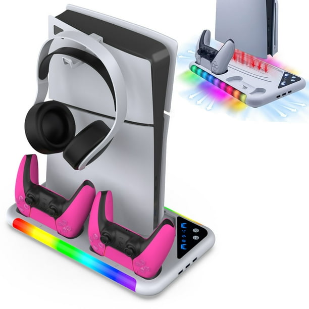 Para PS5 y PS5 Slim Stand RGB Cooling Station con ventilador de refrigeración y cargador doble para mandos de PlayStation 5