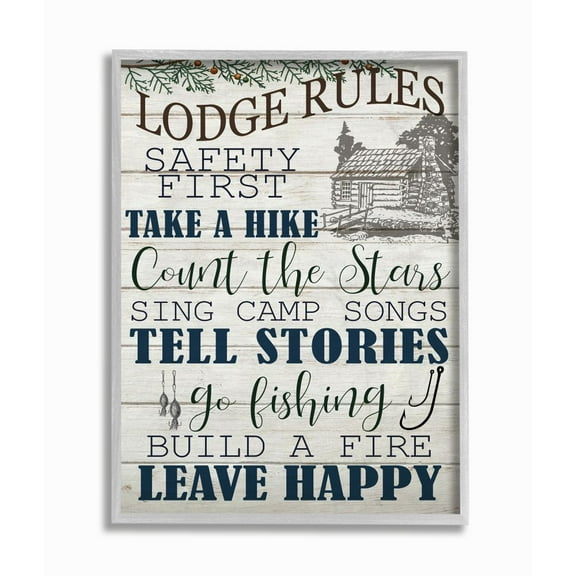 Stupell Industries Lodge Rules Country Landscape Textured Wood Design Gray Farmhouse Rustic Framed Giclee Texturized Art by Ann Bailey