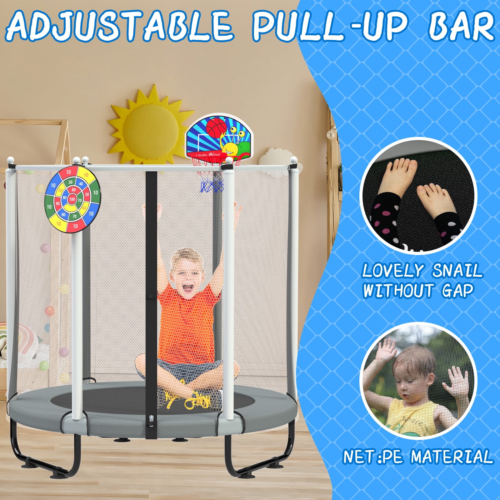 ACWARM HOME 5FT Toddler Trampoline For Kids 60" Mini Size Indoor&Outdoor With Safety Net Gift for Boys & Girls 440Lbs,Gray