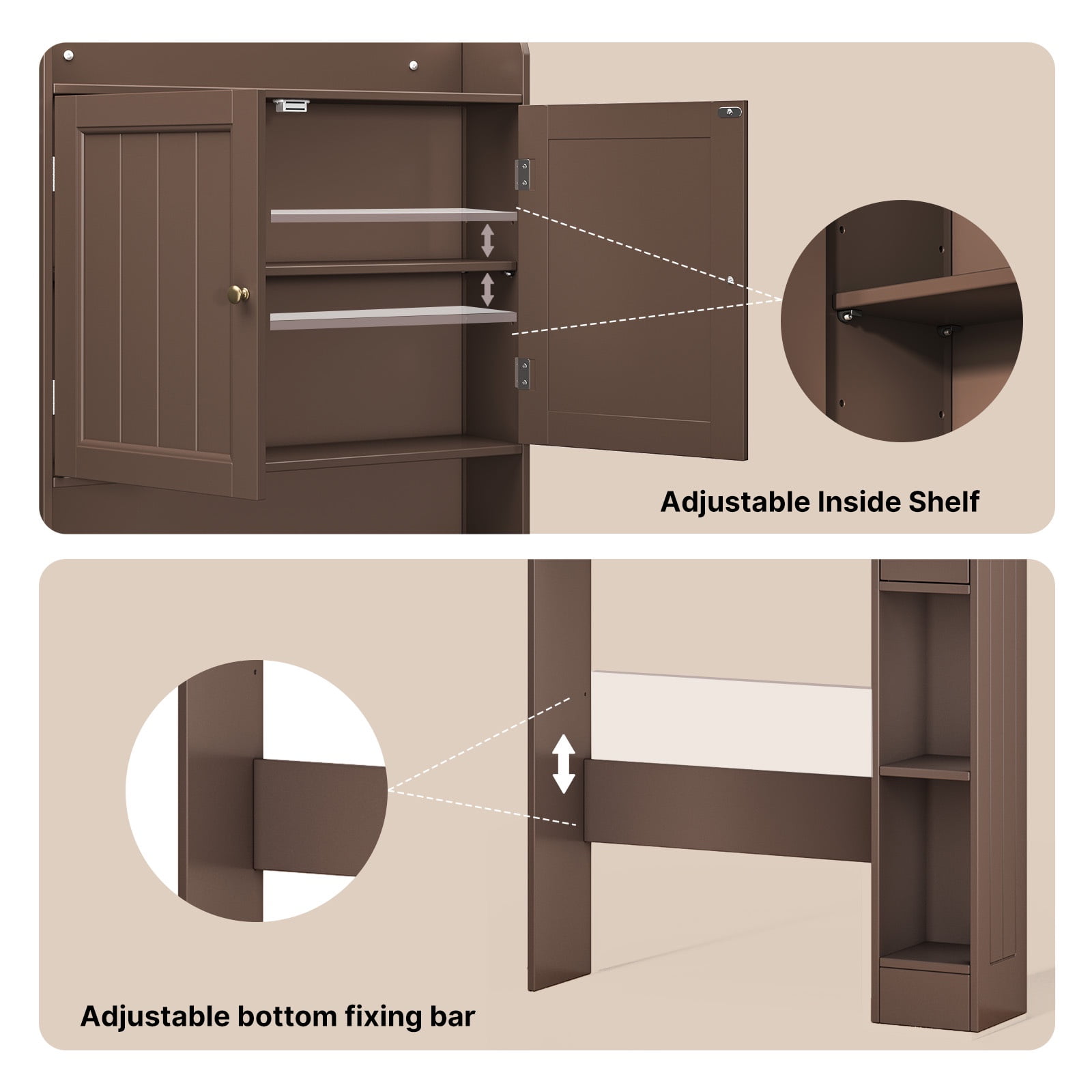 Noelse  Over the Toilet Storage Cabinet, Over Toilet Bathroom Organizer with 2 Doors, Adjustable Shelves, Toilet Paper Holder, 2 Side Hooks, Space-Saver for Bathroom, Laundry, Brown