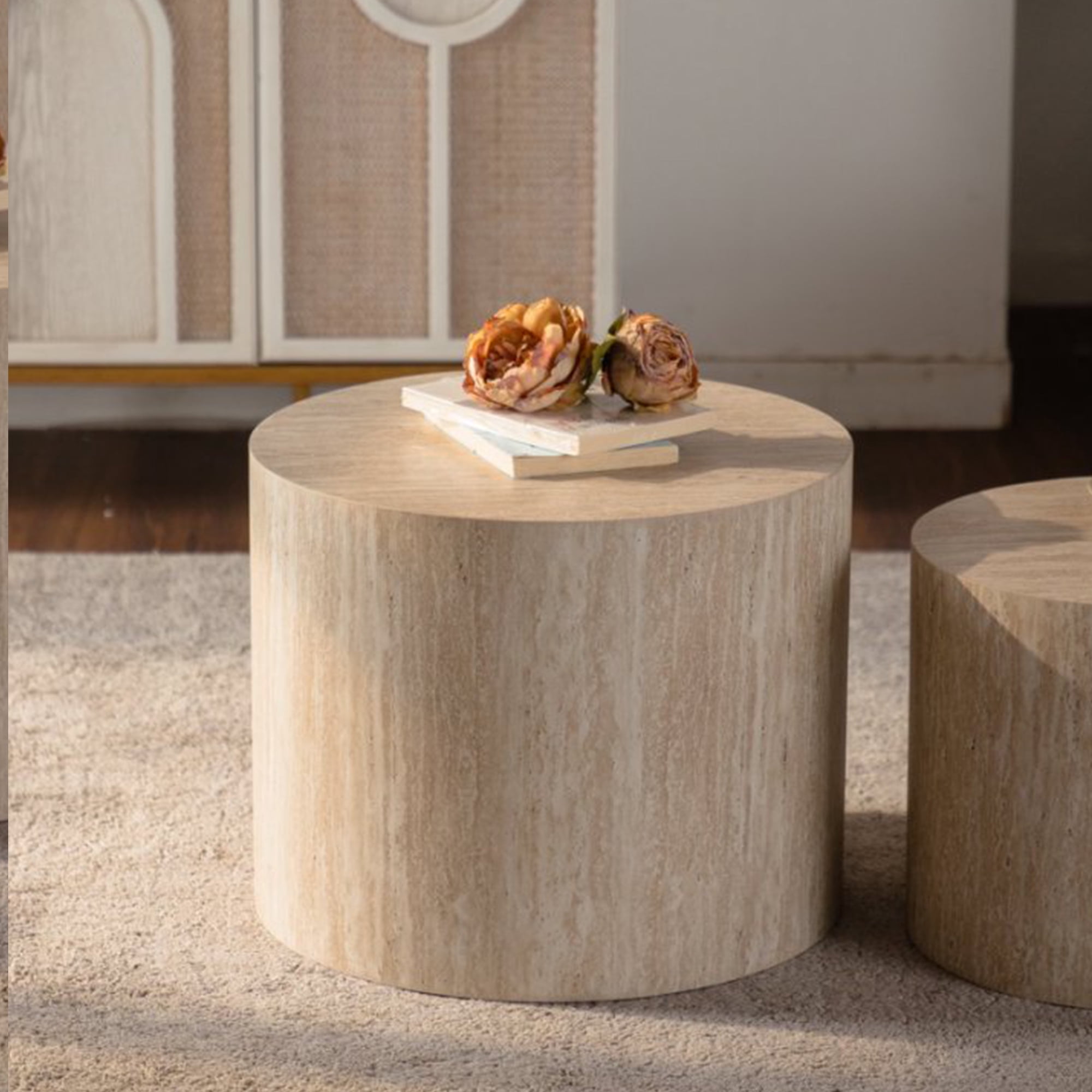 Leumius Nesting Coffee Table Set of 2 Round Wooden Coffee Tables Circle Modern Accent End Side Table for Small Space Living Room Bedroom Amber