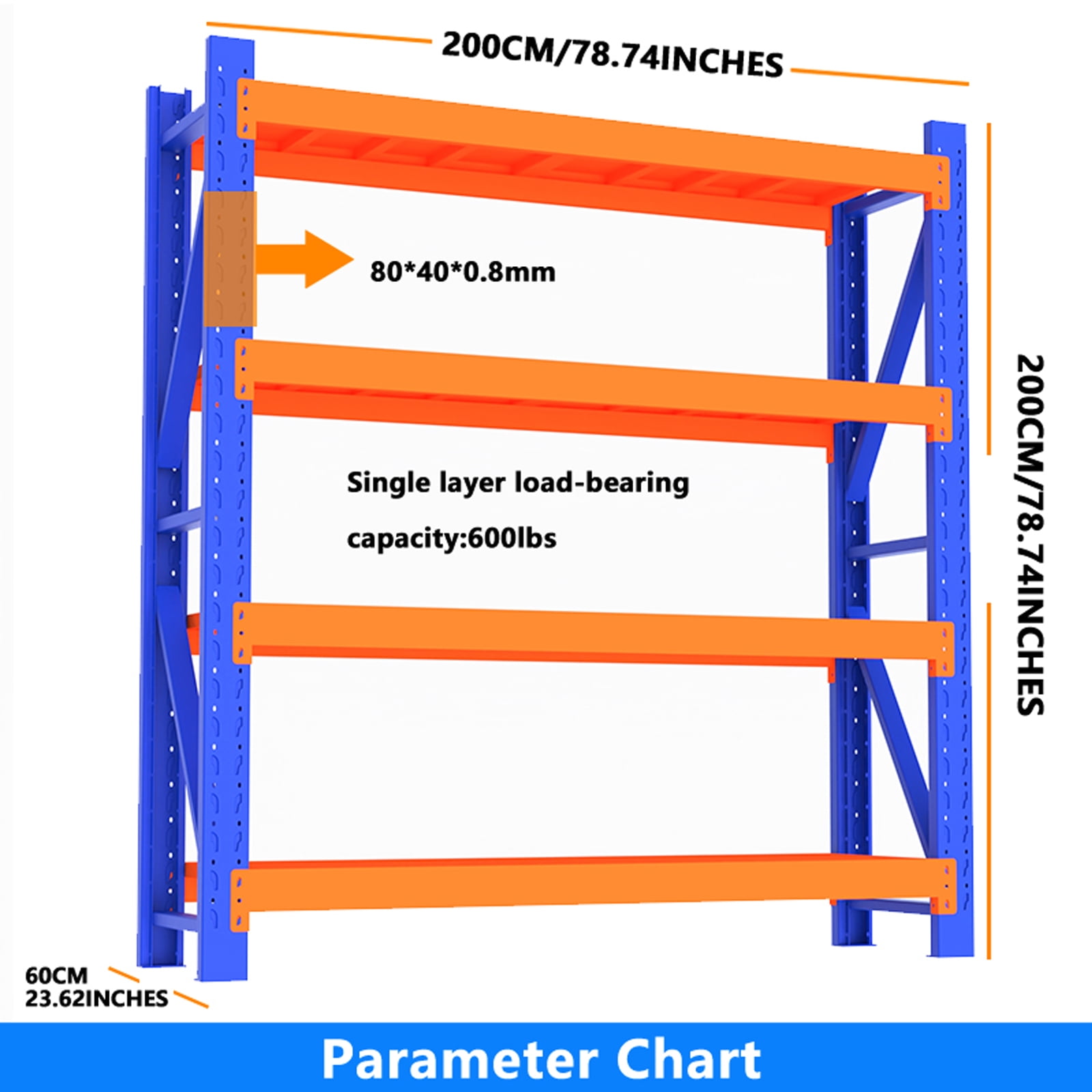 Heavy Duty Storage Rack Shelving Unit, 4-Tier Industrial Warehouse Shelf, Available in Blue-Orange, (Blue and Orange, W78.74*D23.62*H78.74)