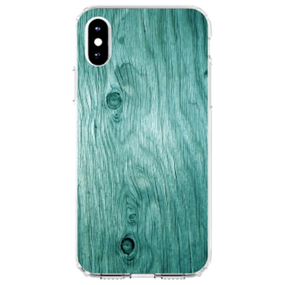 DistinctInk Clear Shockproof Hybrid Case for iPhone XR (6.1" Screen) - TPU Bumper, Acrylic Back, Tempered Glass Screen Protector - Teal Weathered Wood Grain Print - Printed Wood Grain Image