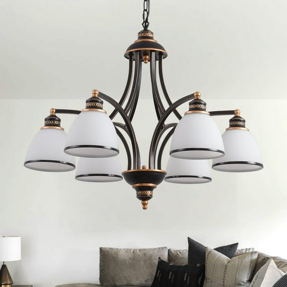 6-Light Glass Shades Chandelier，Bronze Modern Light Fixtures Ceiling Hanging Rustic Pendant Lighting for Dining Room Foyer Bedroom Living Room