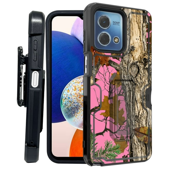 ANJ  Rugged Shockproof Kickstand Hybrid Case with Card Slot and Holster   Tempered Glass Cover for Motorola Moto G Stylus 5G (2023) - Pink Tree Camo 3