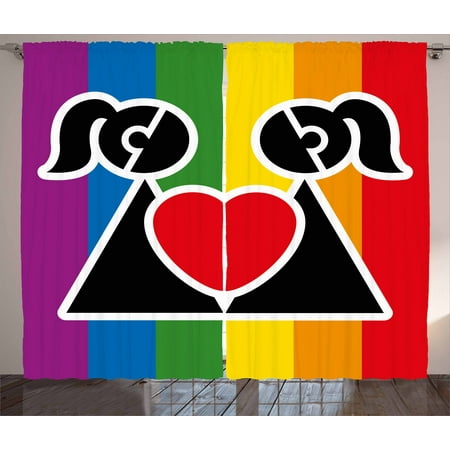 Valentines Curtains 2 Panels Set, Love Wins Queer Gay Couple Holding a Heart Girlfriend Romantic Happy Graphic, Window Drapes for Living Room Bedroom, 108W X 108L Inches, Multicolor, by