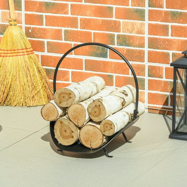 Outsunny 16 Porte-bûches de cheminée incurvé Porte-bûches de cheminée  Porte-panier de rangement en bois avec poignée, pour une utilisation en  extérieur et en intérieur, Noir 