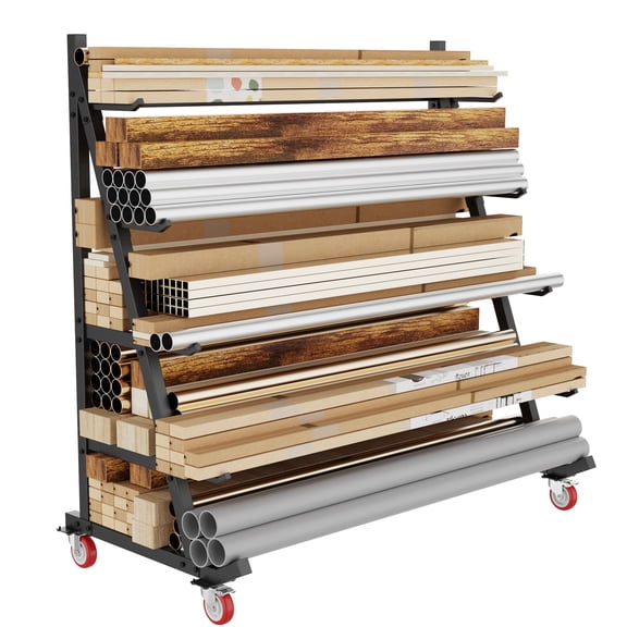 Heavy Duty Lumber Storage Rack, Horizontal Alloy Steel Pipe & Wood Rack with Wheels - 5-Tier Mobile Garage Workshop Organizer (50”W x 25.6”D x 63”H)