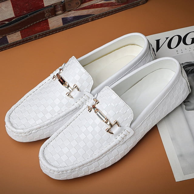 Mocasines de cuero genuino clásicos con entramado hechos a mano, zapatos náuticos de vestir para hombre, calzado de moda, zapatos de conducción para hombre, color blanco (25,5 cm)