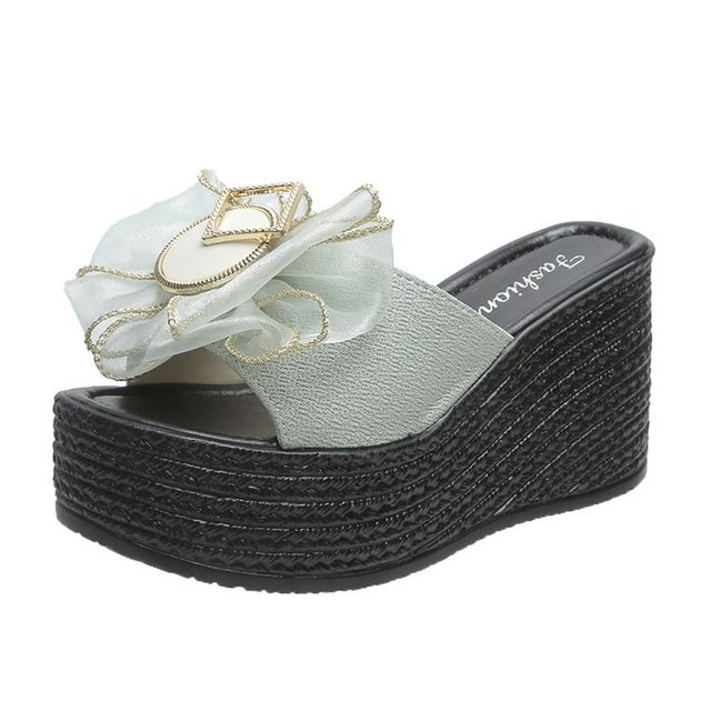 2022 nueva moda prendas de vestir exteriores zapatillas de mujer novedad de verano dulce lazo inferior grueso tacón de cuña zapatillas de tacón alto tamaño grande 34-4341 Gao Jinjia LED