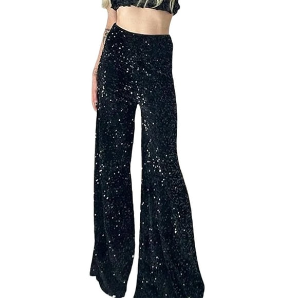 Fortune Women Sequin Pants High Waist Bell Bottoms Glitter Wide Leg Sparkle Flared Trousers