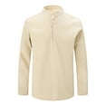 thumbnail image 4 of LZHGirlshop Men Cotton and Linen Henley Shirt Casual Stand Collar Long Sleeve Shirt Retro Solid Color Fit T-Shirt,Khaki,M, 4 of 6