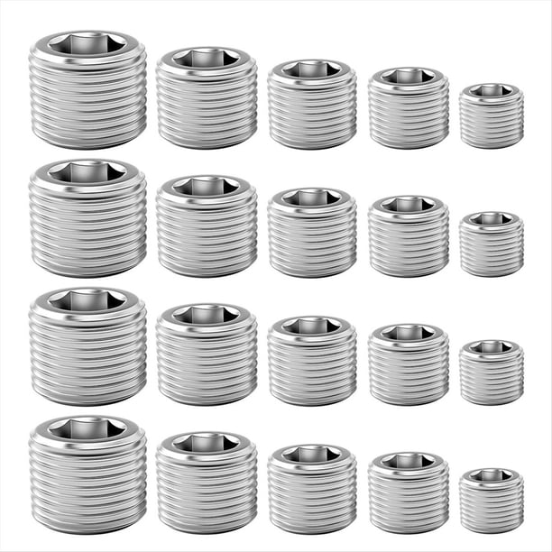 20 Piezas de Accesorios de Tapón de Tubería, Kit Surtido de Accesorios de Tapón de Tubería con Rosca Hexagonal Interna Macho NPT de 1/8, 1/4, 3/8, 1/2 y 3/4 Pulgadas, B