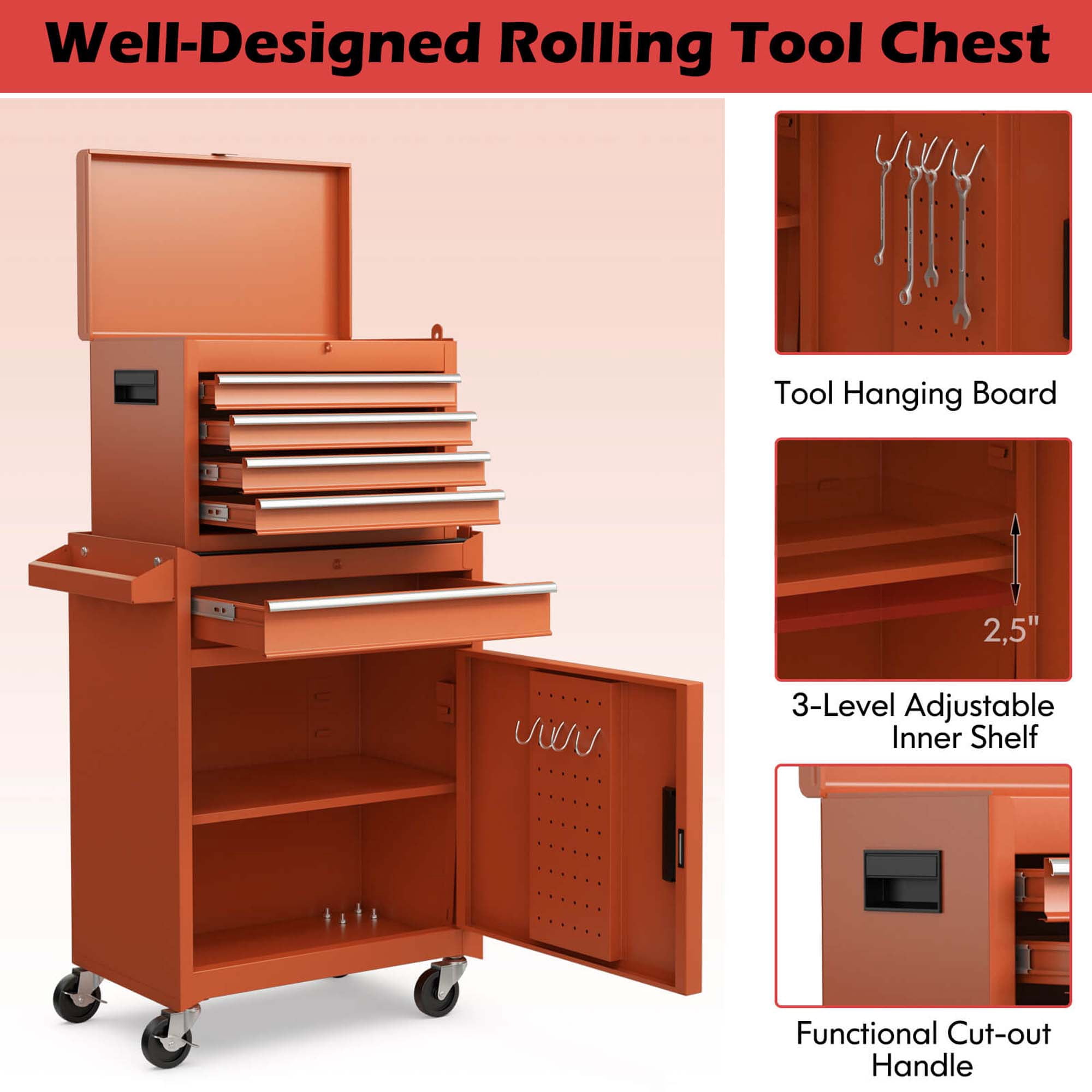 Costway 2 in 1 Tool Chest & Cabinet with Sliding Drawers Rolling Garage Organizer Orange