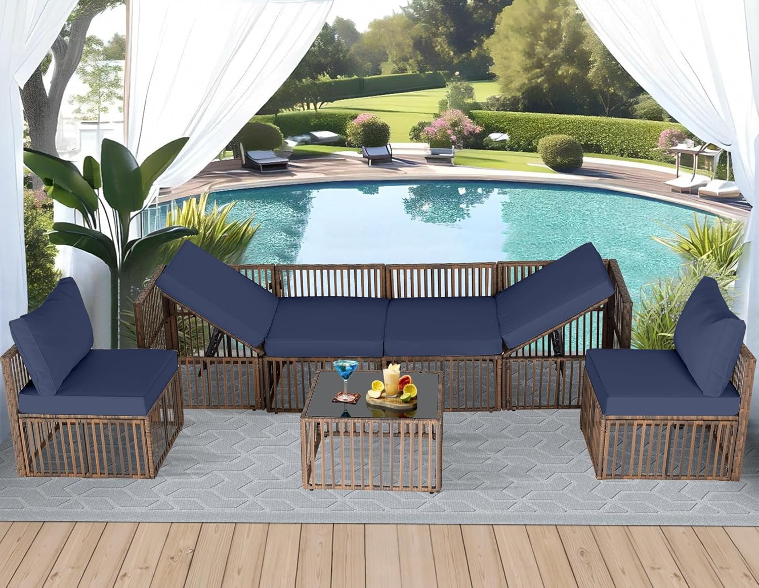 Ainfox 7 Pieces Outdoor Wicker Patio Furniture Set, Adjustable Backrest Sectional Conversation Couch with Thick Cushions & Coffee Table for Garden Porch Poolside, Brown/Blue