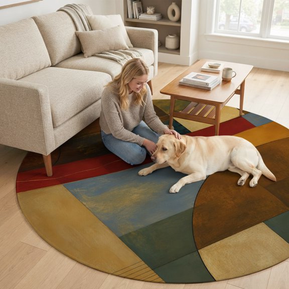 Abstract Patchwork 6FT Round Area Rugs for Living Room Modern Oil Painting Geometric Color Block Ultra-Thin Non-Slip Round Rugs Washable Low Pile Circle Carpet for Bedroom Kitchen Nursery