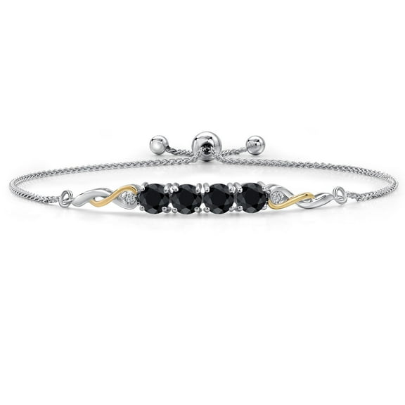 Gem Stone King 925 Silver and 10K Yellow Gold Black Sapphire and White Lab Grown Diamond Bracelet for Women | 2.78 Cttw | Gemstone September Birthstone | Round 5MM | Fully Adjustable 9 inch