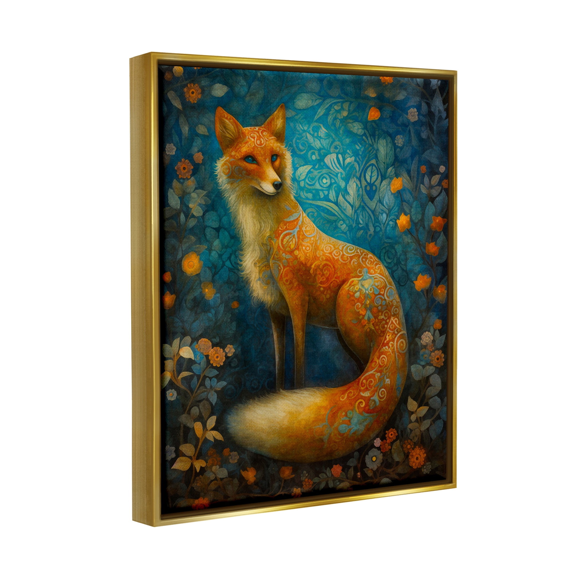 Stupell Industries Patterned Forest Fox Animals & Insects Painting Gold Floater Framed Art Print Wall Art, 17 x 21