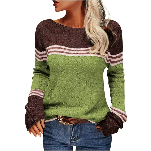 EGNMCR Chandail à Col Rond pour Femme, Chandail à Rayures à Agencement de Couleurs, Chandail pour Femme