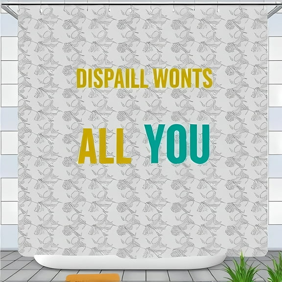 Floral Shower Curtain with Light Gray Background Bold Mustard Yellow & Teal Typography