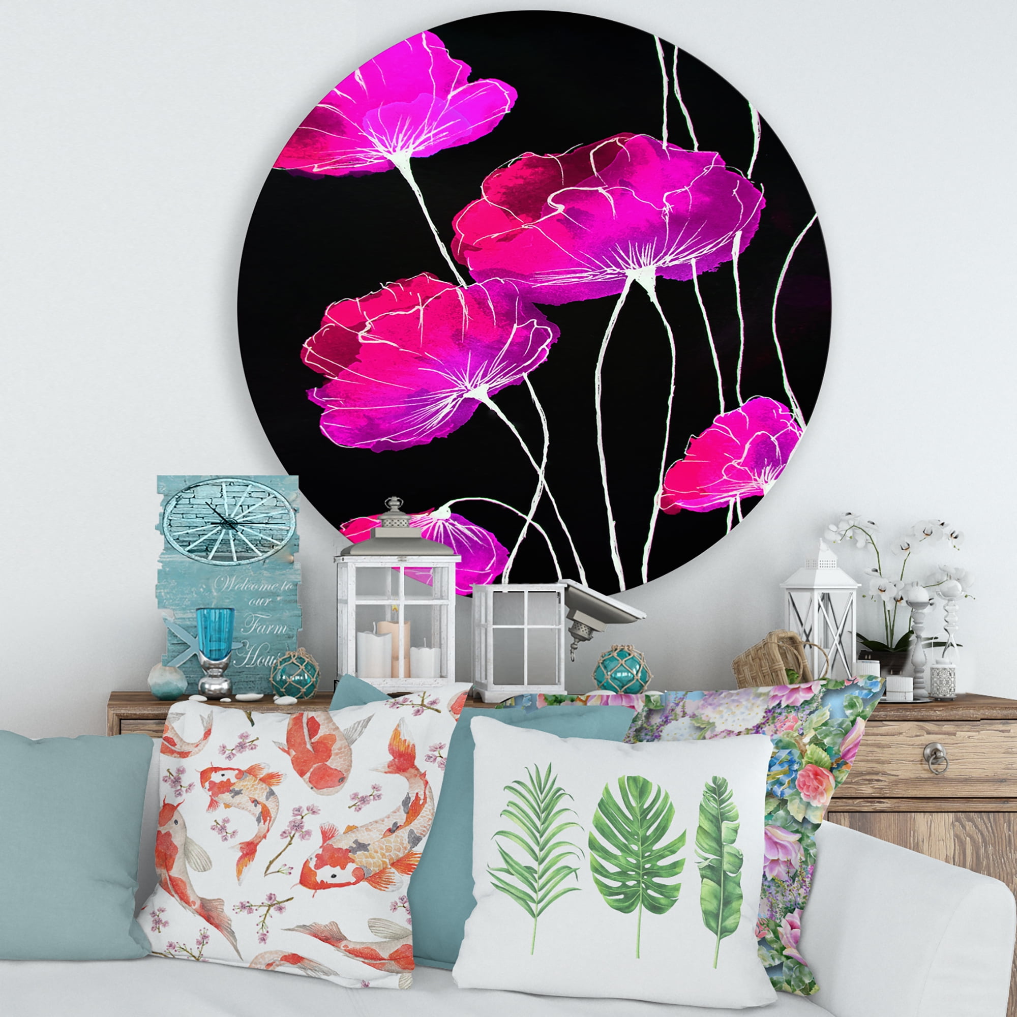 Designart 'Abstract Red Flower Detail On Black Background I' Traditional Circle Metal Wall Art 36x36 - Disc of 36
