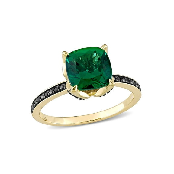 1.60 Carat (Ctw) Lab-Created Emerald Ring in 10K Yellow Gold with Black Diamonds for Women
