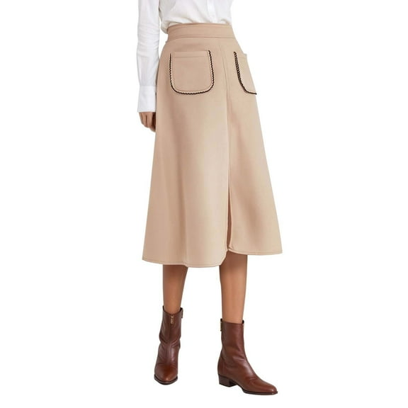 RUTAYY Women Suede A-Line Midi Skirt With Elastic Waist And Front Pockets For Fall And Winter Solid Color Casual Travel Skirts