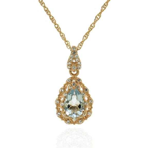 Jay Heart Designs 925 Sterling Silver with 14KP Gold Plated Aquamarine and Created White Sapphire Pendant with 18" Chain