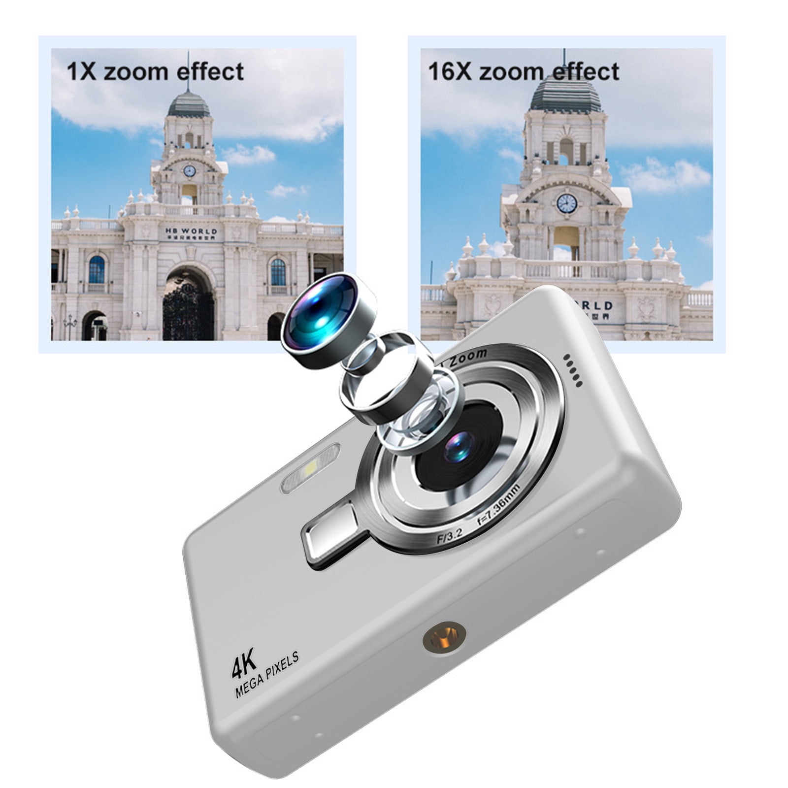 Digital Camera 1080p HD, Up To 48MP Interpolation, Electronic Stabilization, 16x Digital Zoom, 2.4‑Inch LCD, Night Flash, Face Detect, MicroSD Up To 64GB, Rechargeable, Compact Student Portable