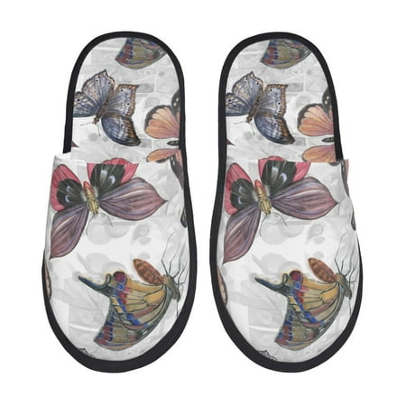 Balery Vintage Butterflies Slient Indoor Furry Fleece Comfort House Shoes Soft Non-Slip Home Shoes Cotton slippers House Slippers-- Large