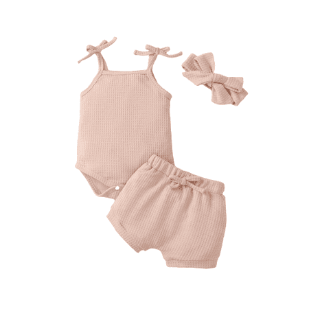 

Mikrdoo Newborn Baby Girls Clothes Baby Outfits Straps Solid Color Romper Elastic Shorts Headband 3Pcs Pink 6-12 Months
